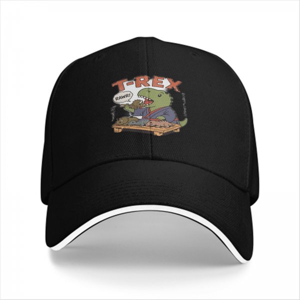 Black baseball cap with T-Rex sushi chef graphic and RAWR text