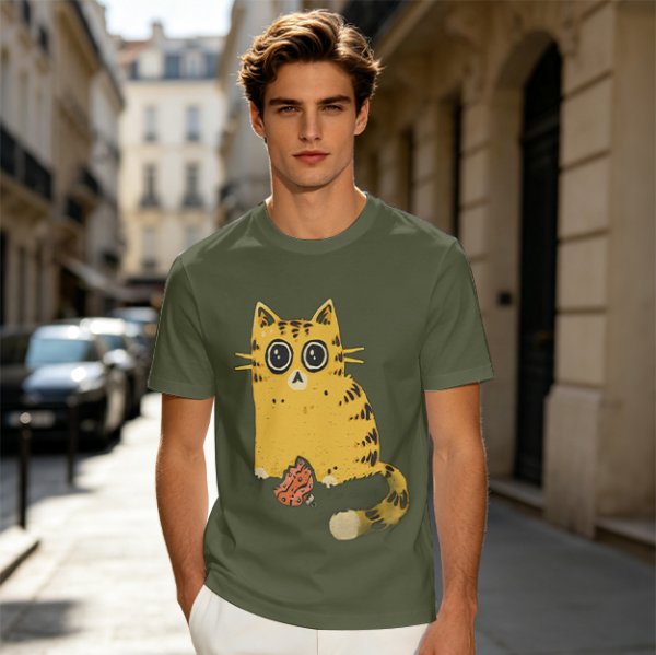 Olive T-Shirt With Cute Surprised Orange Tabby Cat Holding Meat Print