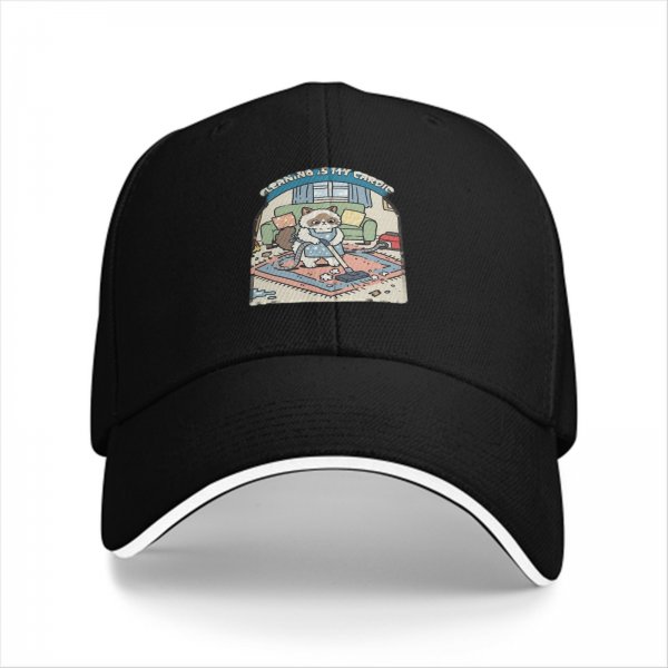 Black baseball cap with grumpy cat vacuuming cleaning design