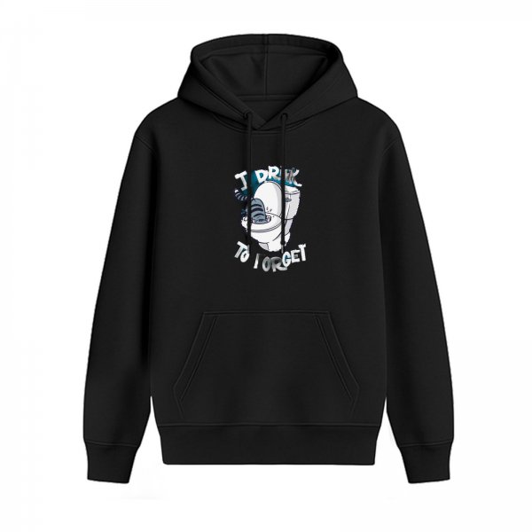 Black hoodie with 'I Drink To Forget' toilet cat graphic