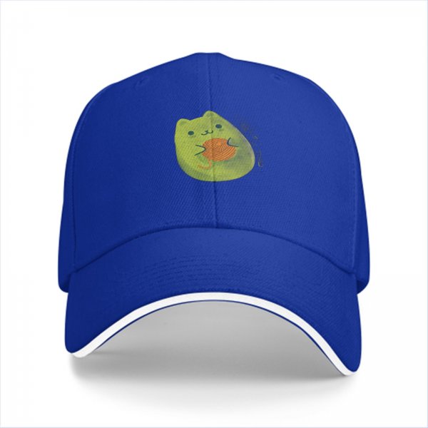 Black baseball cap with cute green cat holding orange yarn ball