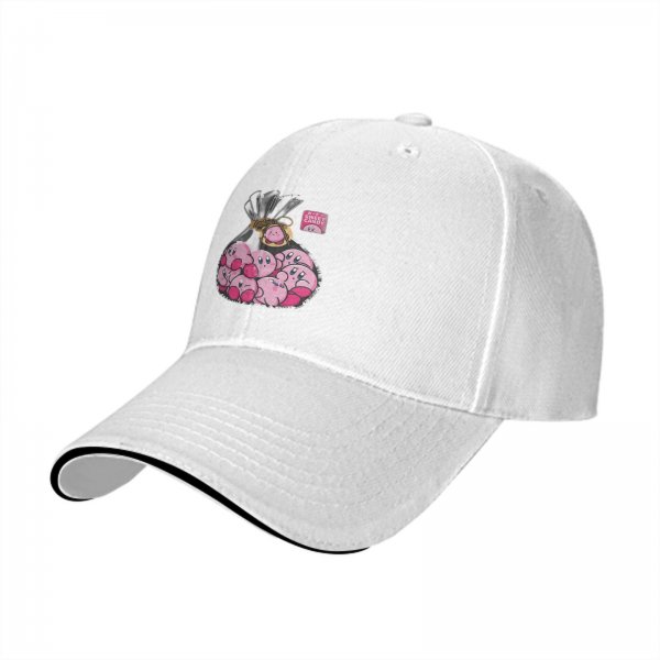 Black baseball cap with a bag of cute pink Kirby characters print
