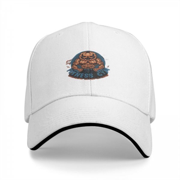 Black baseball cap with muscular pumpkin fitness gym graphic