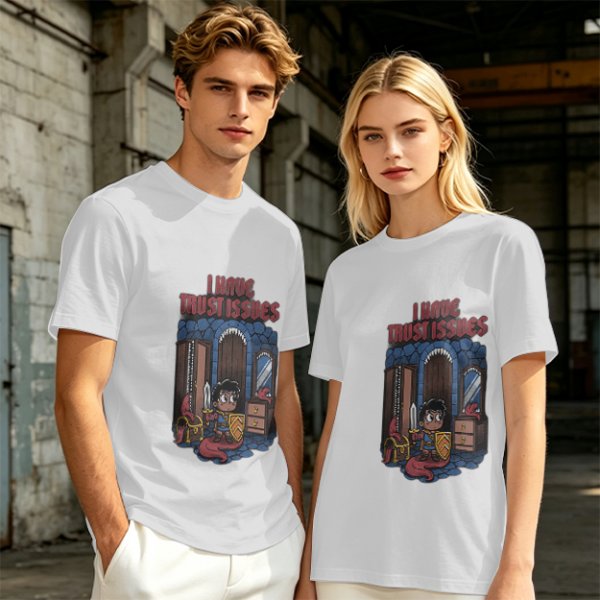 Olive t-shirt with 'I Have Trust Issues' chibi knight graphic