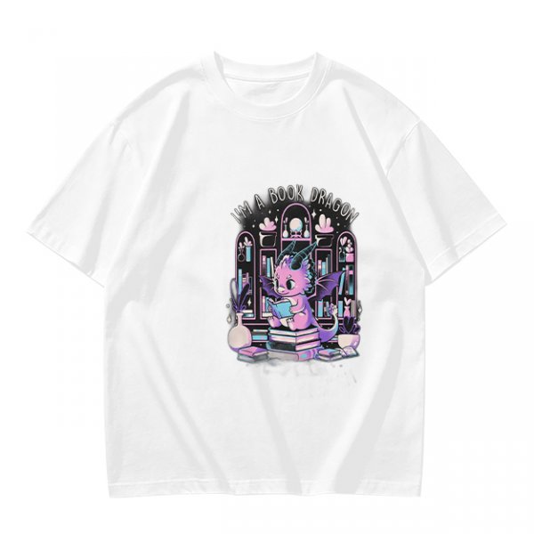 Olive t-shirt with cute book dragon reading design