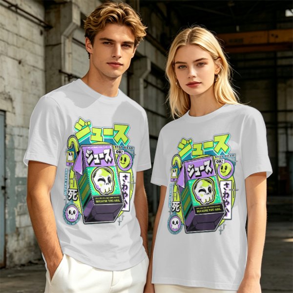 Olive T-shirt with spooky juice box graphic and playful skull art