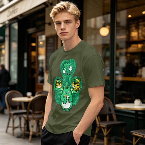 Olive Green T-Shirt With Studio Ghibli Clover Graphic Print