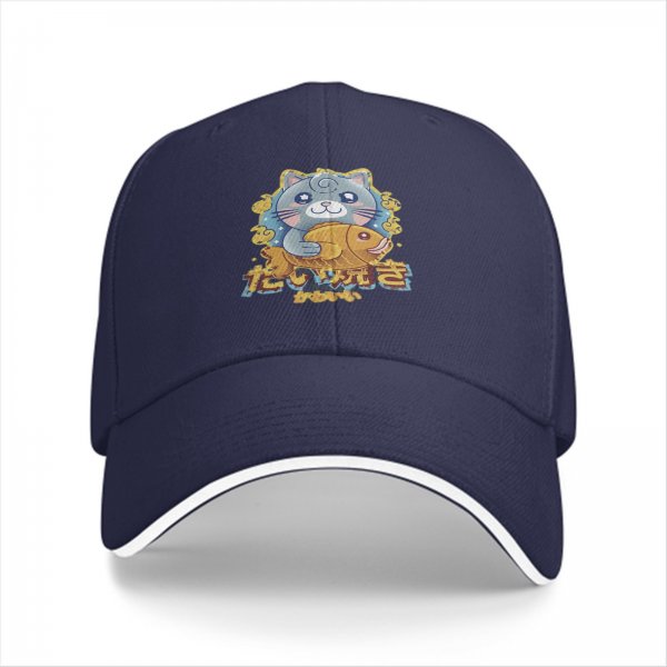 Black Baseball Cap With Cute Cat Holding Taiyaki Japanese Art