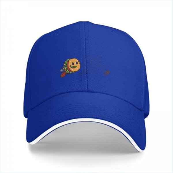 Black baseball cap with a cartoon flying burger graphic