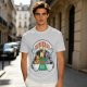 Olive green t-shirt with cat coffee cup graphic and playful text design
