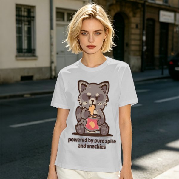 Olive t-shirt with a raccoon eating snacks and 'powered by pure spite and snackies' text