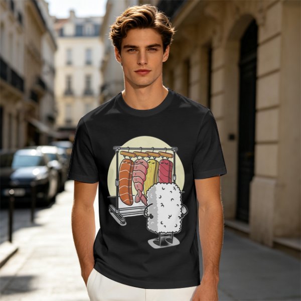 Olive T-Shirt With Funny Sushi Laundry Rack Graphic