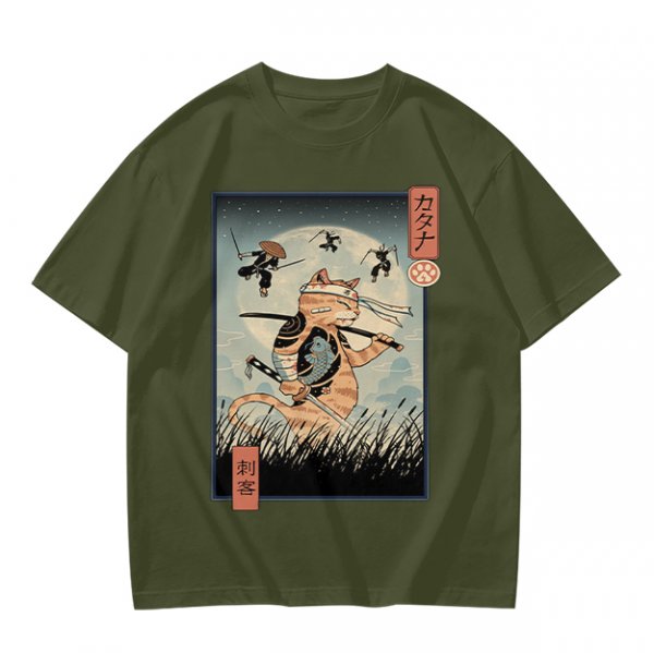 Samurai Cat Fighting Ninjas Ukiyo-e Style Graphic T-Shirt