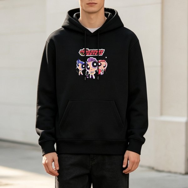 Black hoodie with Powerpuff Girls style cartoon graphic print