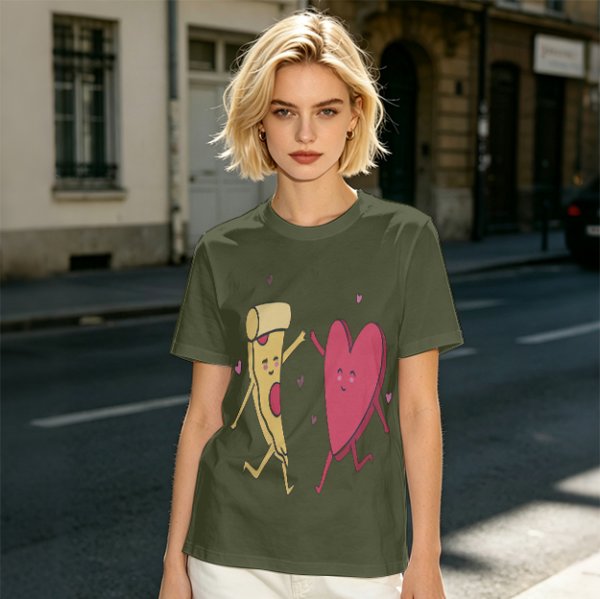 Olive T-Shirt with Dancing Pizza Slice and Heart Graphic