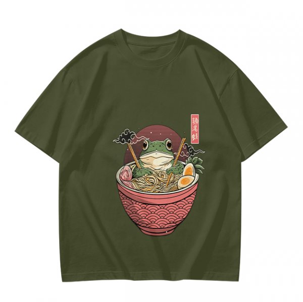 Olive T-Shirt With Frog In Ramen Bowl Japanese Art Print