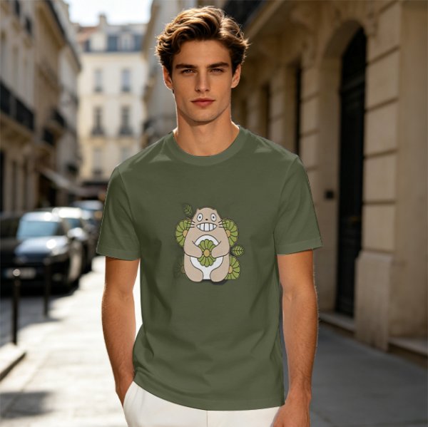 Olive Green T-Shirt With Cute Totoro And Leaf Print