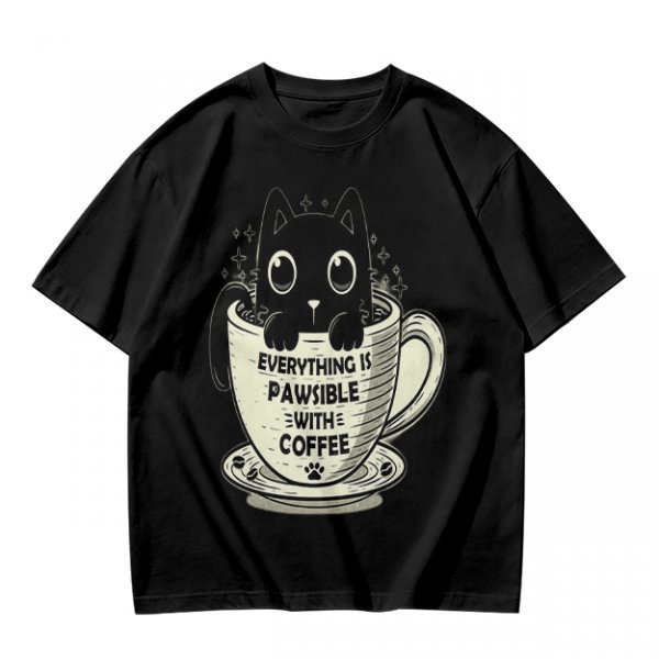 Olive T-Shirt With Black Cat In Coffee Cup 'Everything Is Pawsible With Coffee' Print
