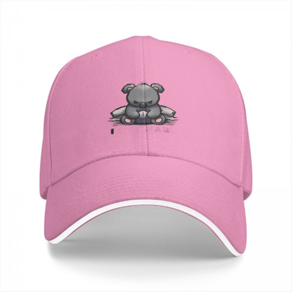 Black baseball cap with grumpy koala sitting on papers print