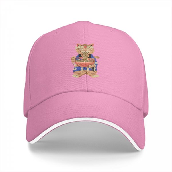 Black baseball cap with a Japanese ramen cat graphic
