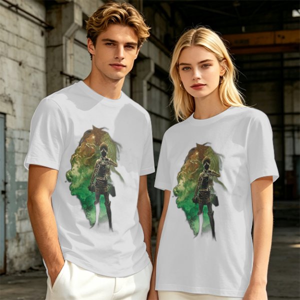 Olive Anime Graphic T-Shirt With Warrior And Giant Artwork