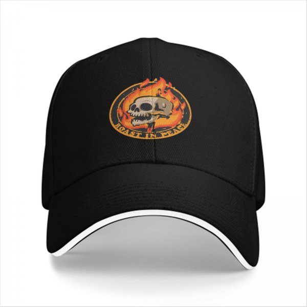 Black baseball cap with roast in peace skull and fire graphic