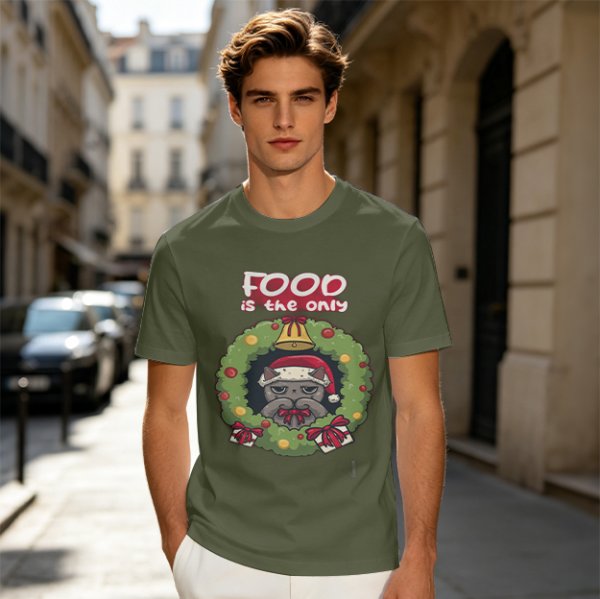 Food is the only Christmas grumpy cat wreath graphic tee