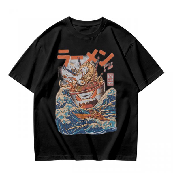 Olive T-Shirt With Great Wave Inspired Monster Ramen Bowl Art