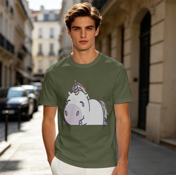 Olive Green T-Shirt With Crying Chubby Unicorn Rainbow Print