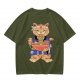 Olive T-Shirt Featuring a Cat in a Headband Eating Ramen