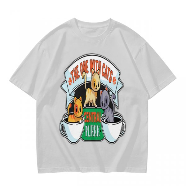 Olive green t-shirt with cat coffee cup graphic and playful text design