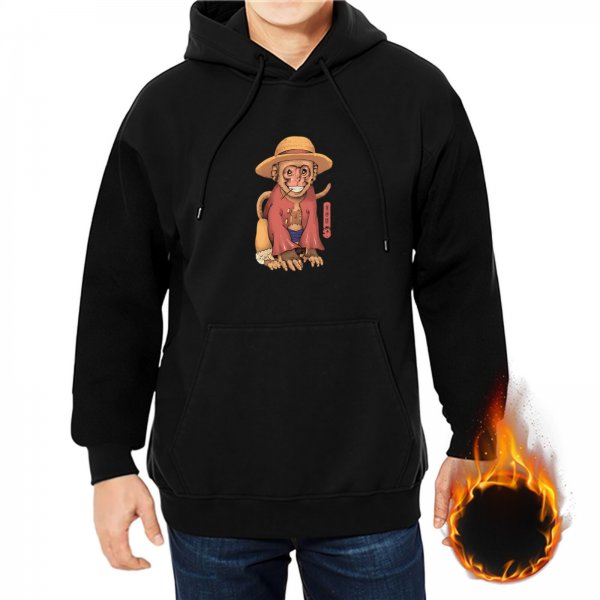 Black hoodie with a stylized monkey wearing a straw hat and red coat graphic