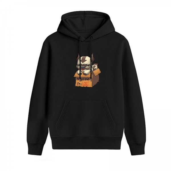 Black hoodie with Appa from Avatar: The Last Airbender in a box that says Adopt me I'm Lost