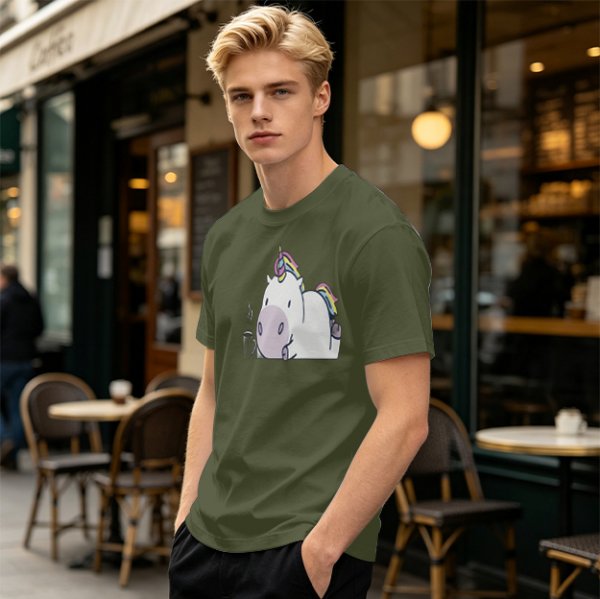 Olive green t-shirt with a chubby unicorn holding a steaming coffee cup