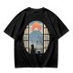 Olive T-shirt with Black Cat Viewing Mount Fuji Sunrise Art