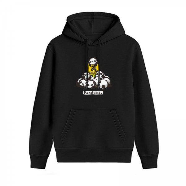 Black hoodie with panda pile graphic and 'Pandemic' text print