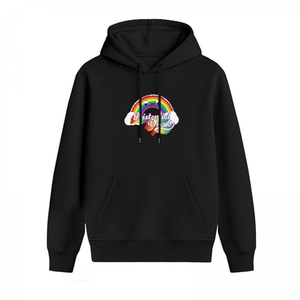 Black hoodie with existential dread rainbow graphic print
