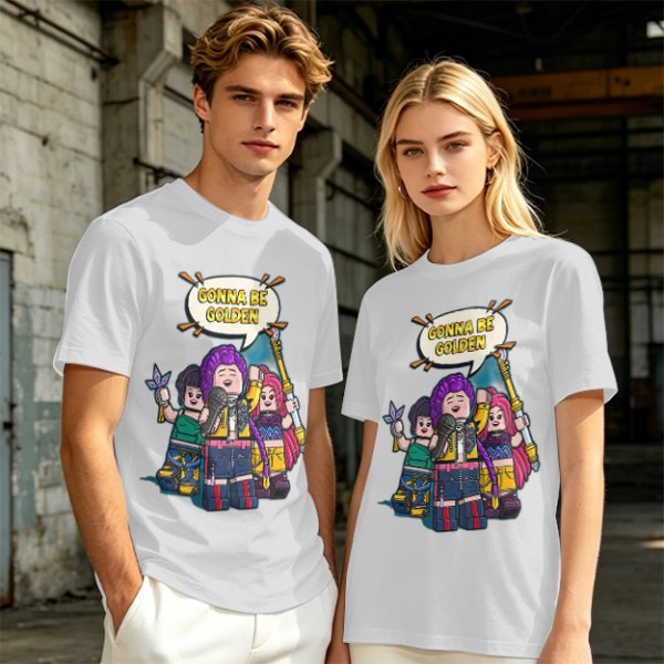 Olive T-shirt with Lego-style characters and 'Gonna Be Golden' print