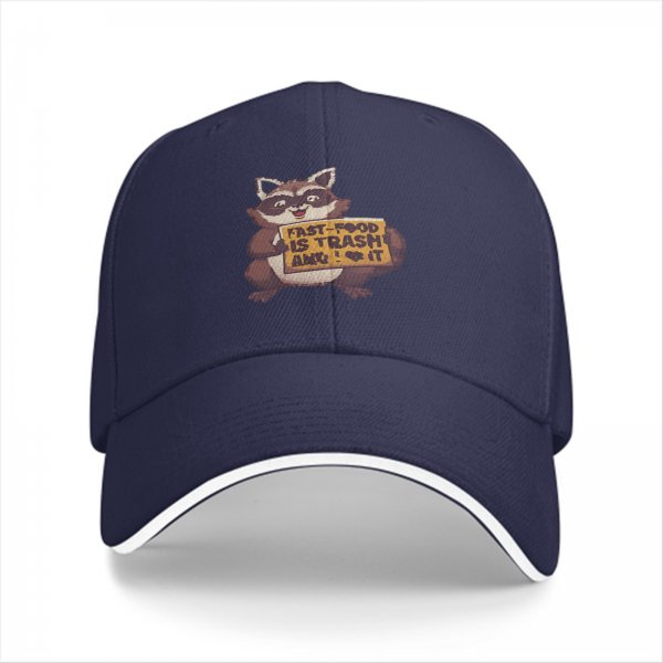 Black baseball cap with raccoon holding fast food trash sign