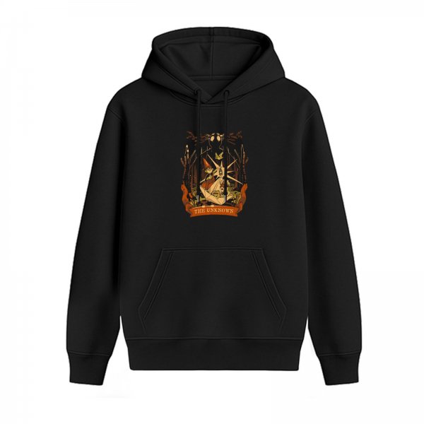Black hoodie with 'The Unknown' forest-themed graphic print