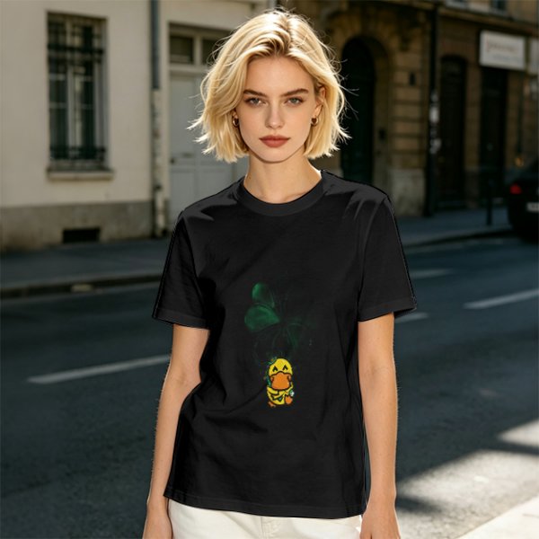 Olive T-shirt with Cute Duck Holding Four-Leaf Clover Print