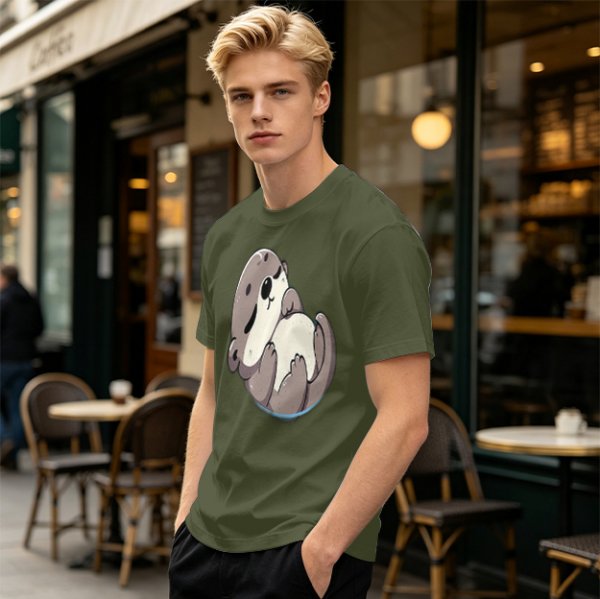 Olive Green T-Shirt with Cute Sleeping Otter Graphic