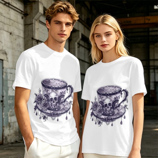 Olive T-shirt with Gothic Skull Teacup and Roses Print