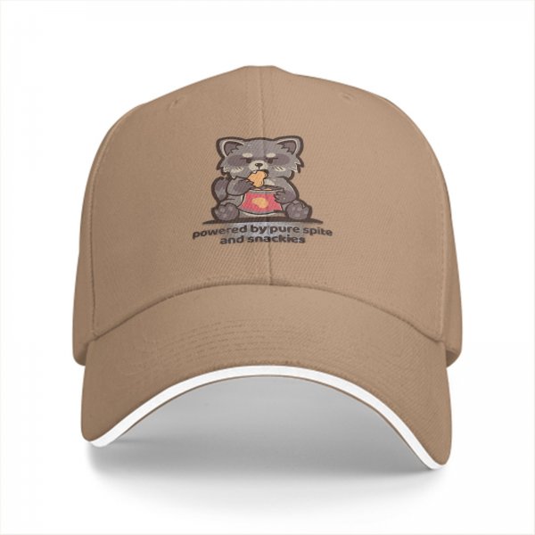 Black baseball cap with cute raccoon snacking and 'powered by pure snacks' text