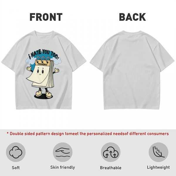 Olive t-shirt with cartoon Monday calendar graphic and 'I HATE YOU TOO' text