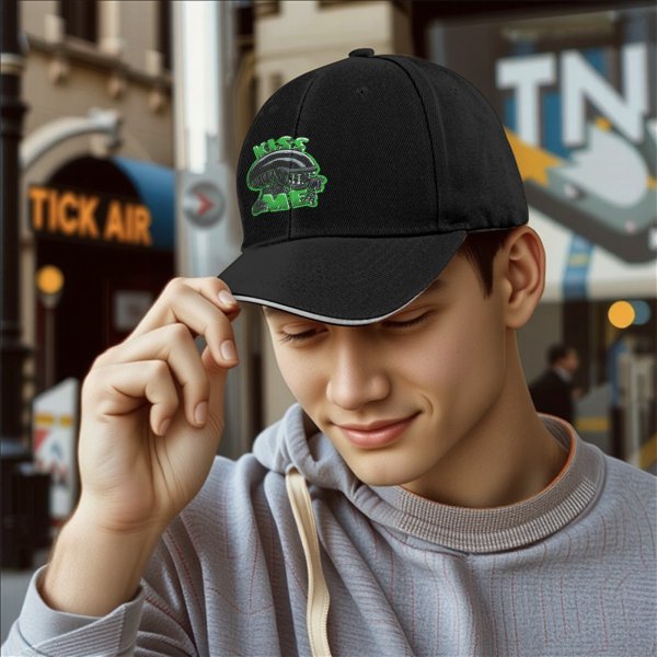 Black baseball cap with alien graphic and 'Kiss Me' text