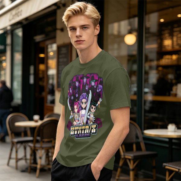 Olive Graphic Tee with Anime Hunter Characters and Huntr/X Text