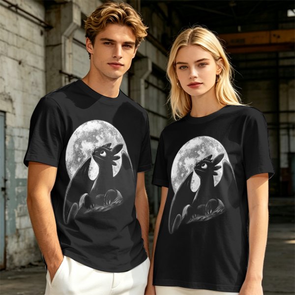 Olive T-Shirt Featuring Toothless Dragon Against Full Moon