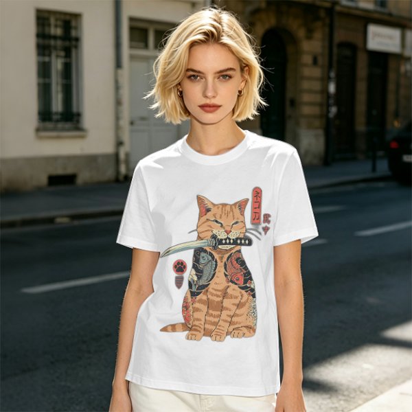 Olive T-Shirt With Samurai Cat Holding Katana And Koi Tattoos