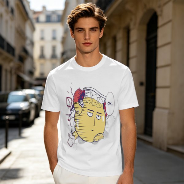 Oversized Olive T-Shirt with Saitama 'OK' Anime Graphic Print